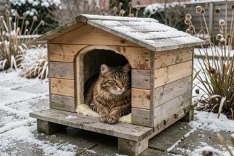 Chat tigré blotti dans un abri extérieur en bois chauffé posé sur une terrasse enneigée en hiver