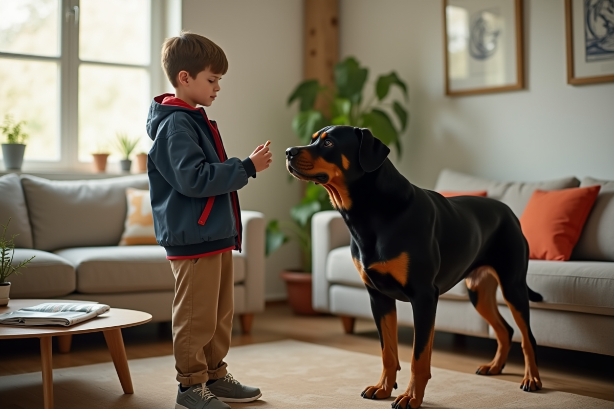 Adolescent avec un rottweiler dans un salon chaleureux