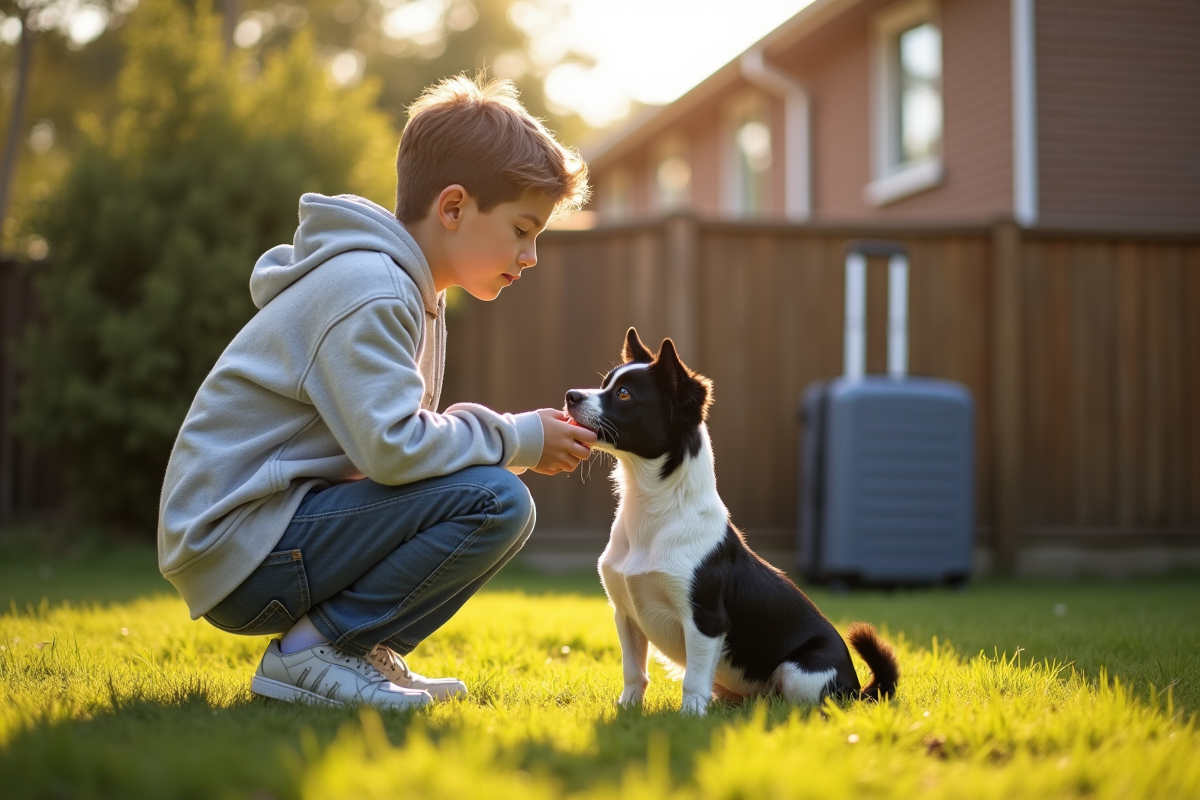 Adolescent dit au revoir à son chien dans le jardin