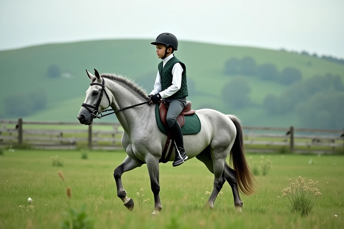 Adolescent en tenue d'équitation chevauchant un cheval gris andalou au trot dans une prairie verdoyante