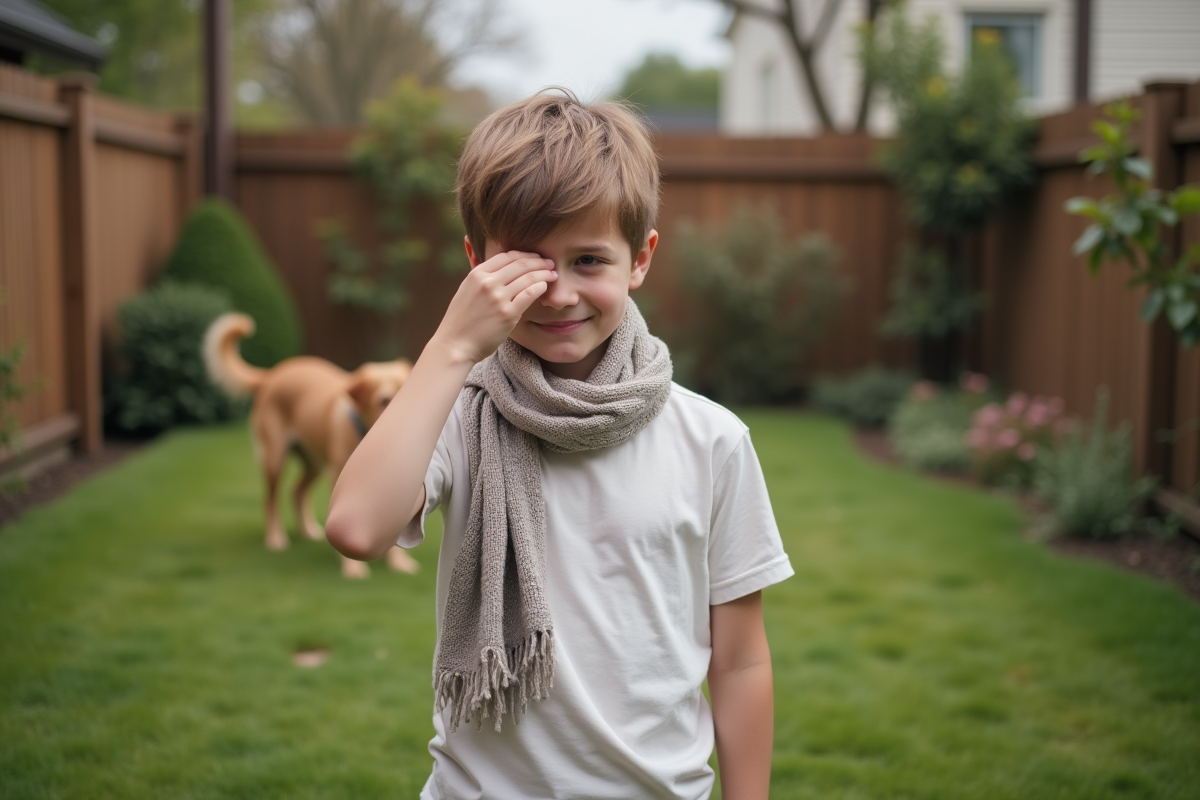 Adolescent dans le jardin avec son chien qui joue