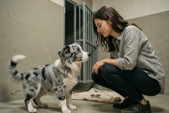 Jeune femme accroupie face à un chiot Border Collie Bleu Merle dans un refuge animalier, regard complice et émouvant