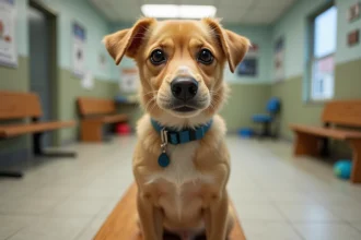 Petit chien de race croisée assis dans un refuge pour animaux près de Langon, prêt à être adopté gratuitement