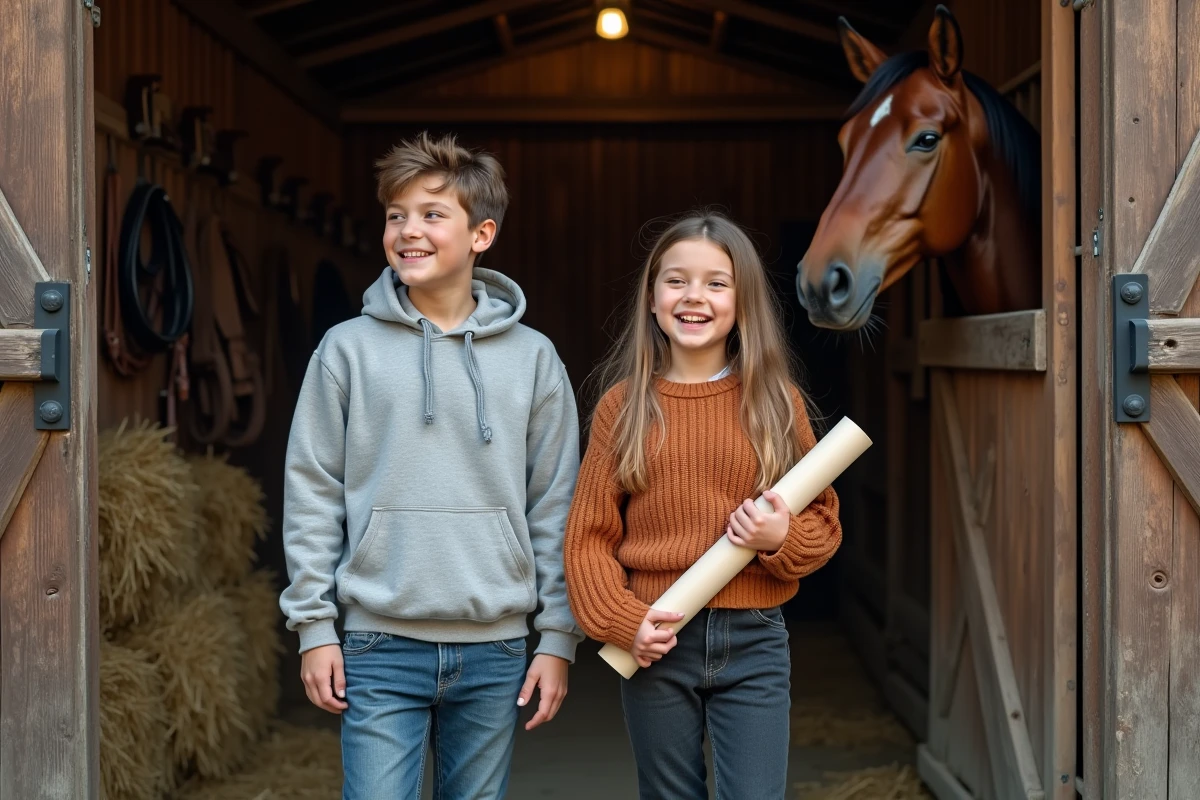Deux adolescents souriant devant une porte d'écurie avec des affiches de film sur les chevaux