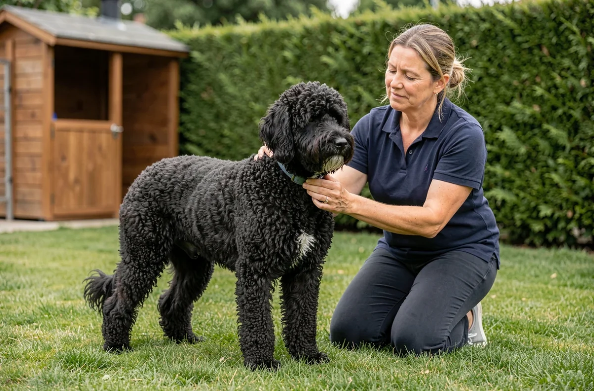 Chien de race et éleveuse d'Alcateia Das Neves à Mérignac dans un jardin soigné avec chenil en arrière-plan
