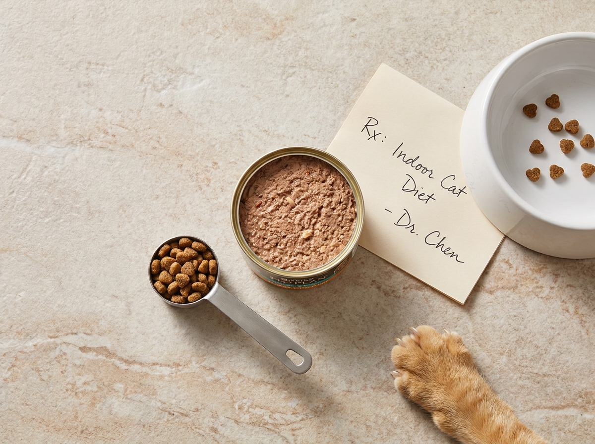 Vue en plongée d'une alimentation spéciale pour chat d'intérieur avec ordonnance vétérinaire et bol en céramique