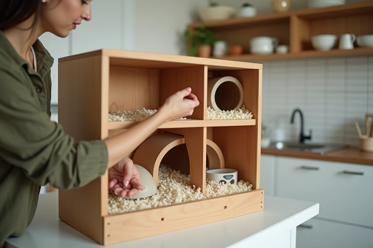 Femme aménageant l'habitat en bois d'un hamster russe avec litière fraîche roue et accessoires