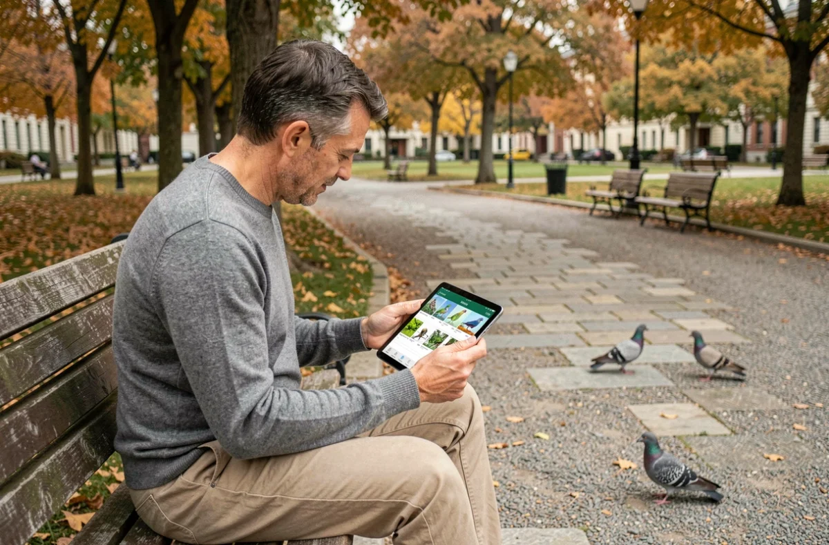 Homme identifiant des oiseaux dans un parc urbain grâce à une application sur tablette numérique en automne
