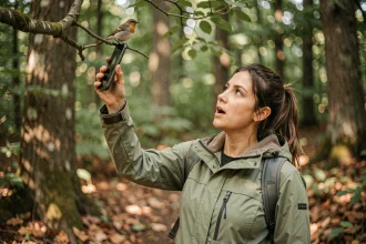 Femme utilisant une application de reconnaissance d'oiseaux sur smartphone en forêt, observant un oiseau perché dans les arbres
