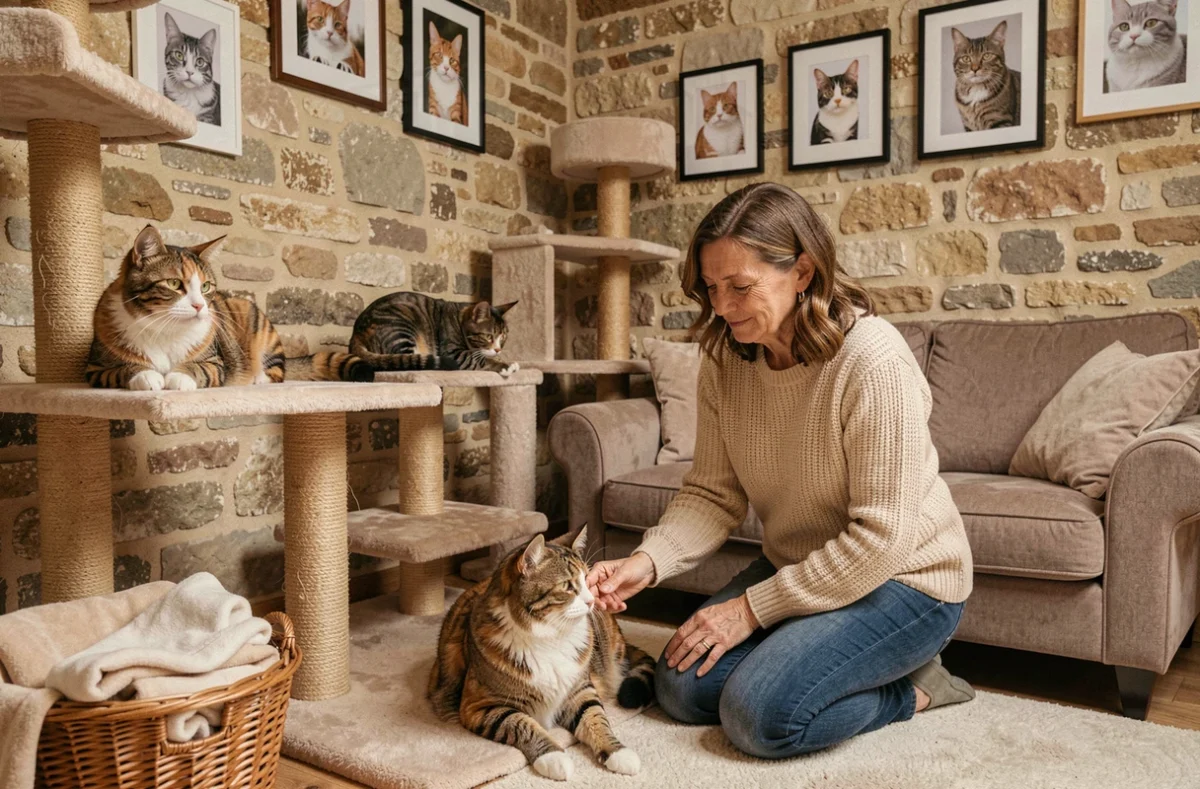 Pension féline chaleureuse en Nouvelle-Aquitaine avec chats détendus et soignante bienveillante dans un espace de vie cosy
