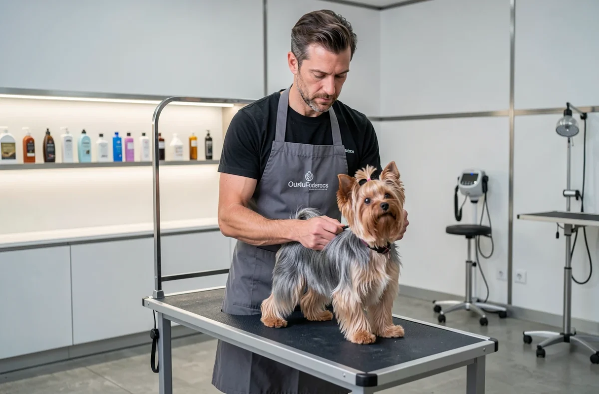 Artéga à Angers, un toiletteur professionnel finalisant la coupe d'un Yorkshire Terrier dans un salon animalier haut de gamme