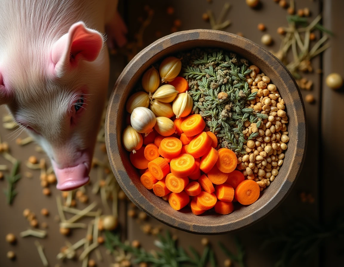 Auge remplie d'ingrédients naturels comme l'ail, les carottes et les herbes pour booster l'immunité du cochon
