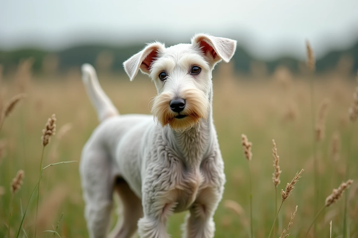 Bedlington Terrier au pelage frisé gris avec une expression comiquement étonnée dans un champ de hautes herbes à la campagne