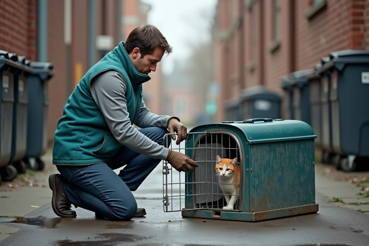 Bénévole de sauvetage animal vérifiant le mécanisme d'une cage attrape-chat dans une ruelle urbaine avec soin et précision