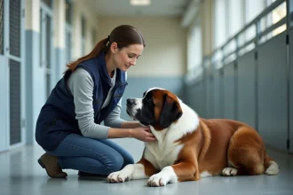 Bénévole du Fonds Saint Bernard vérifiant le collier d'un chien Saint Bernard dans un refuge animalier moderne