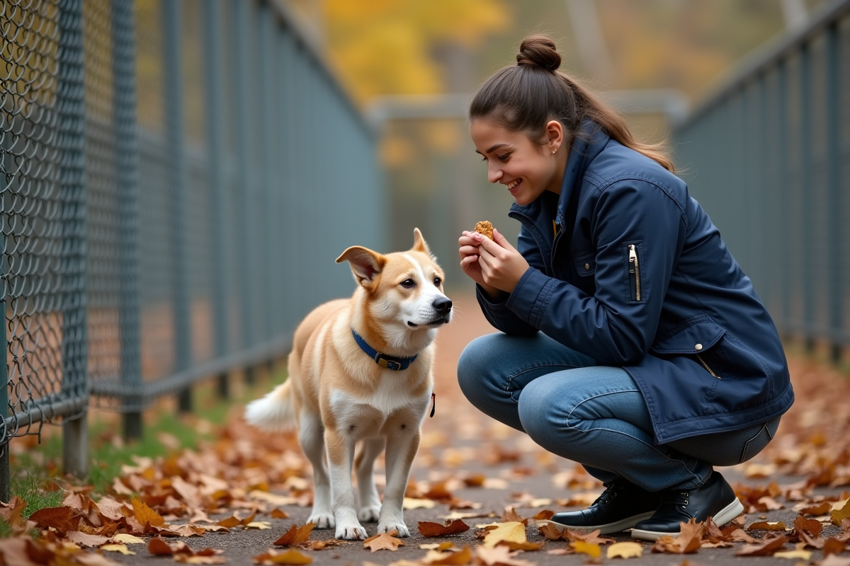 Jeune bénévole avec un chien dans une enclosure extérieure