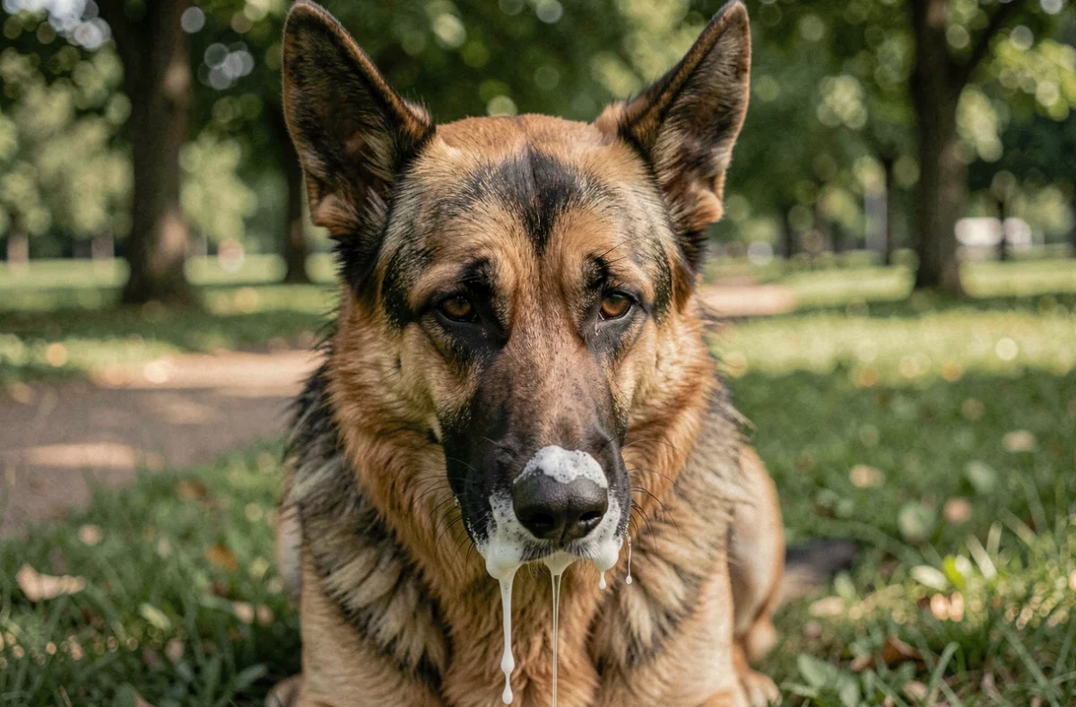 Berger allemand en extérieur avec de la bave mousseuse blanche autour de la gueule et une posture tremblante, signe d'alerte de santé canine