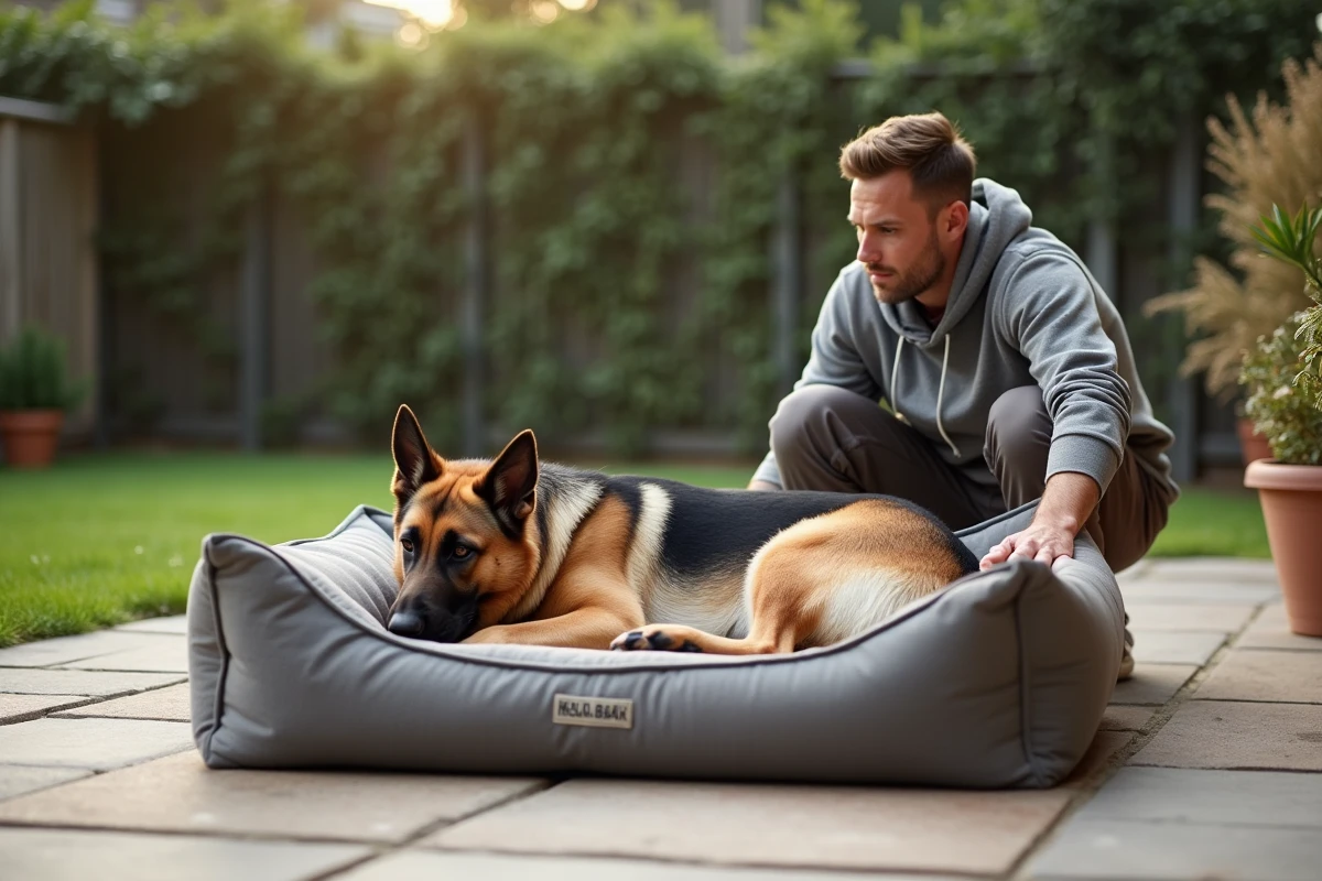 Jeune berger allemand explorant un grand lit dans un jardin extérieur