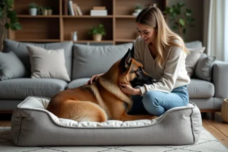 Chien berger allemand reposant sur un grand lit dans un salon moderne