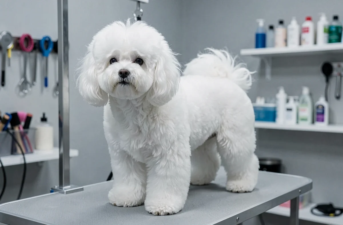 Bichon frisé à poil blanc et volumineux sur une table de toilettage dans un salon moderne, chien avec beaucoup de poils qui ne perd pas ses poils