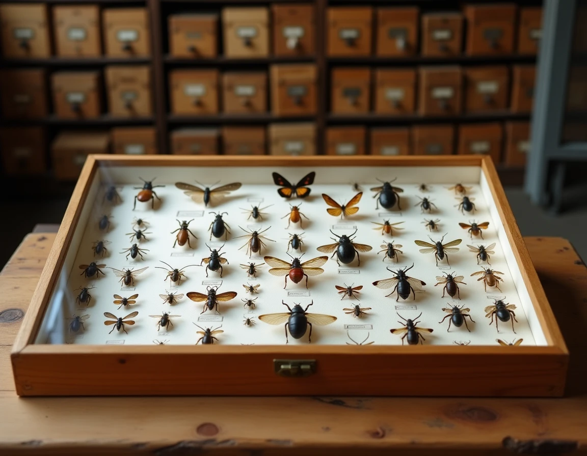 Boîte entomologique en bois présentant des insectes épinglés de différentes familles avec étiquettes scientifiques dans un musée d'histoire naturelle