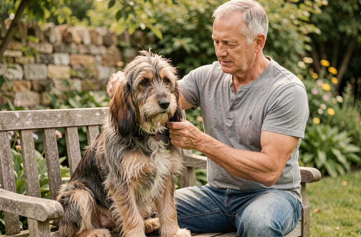 Propriétaire brossant la robe d'un basset Griffon vendéen dans un jardin