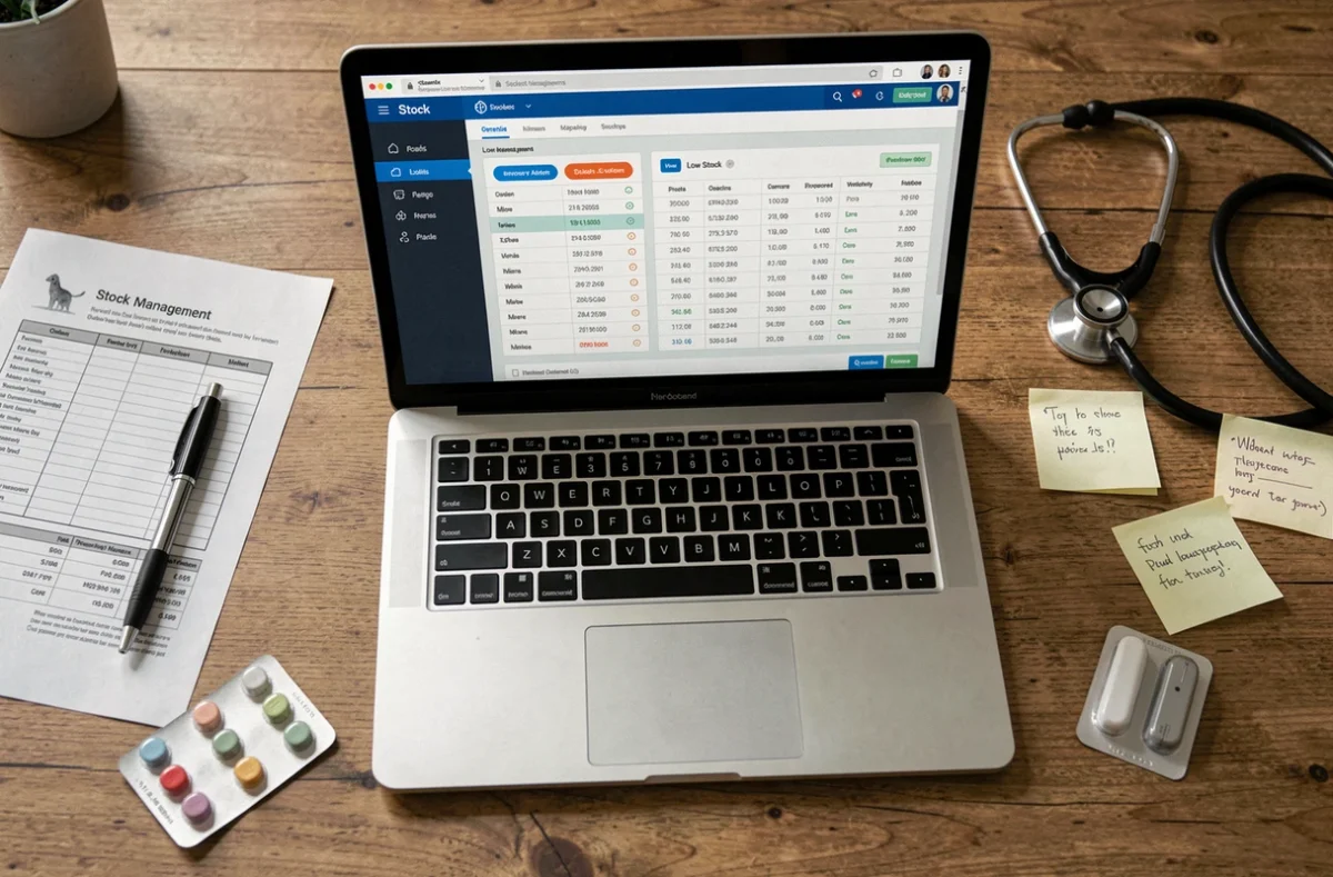 Vue aérienne d'un bureau vétérinaire avec logiciel de gestion des stocks affiché sur ordinateur portable et médicaments