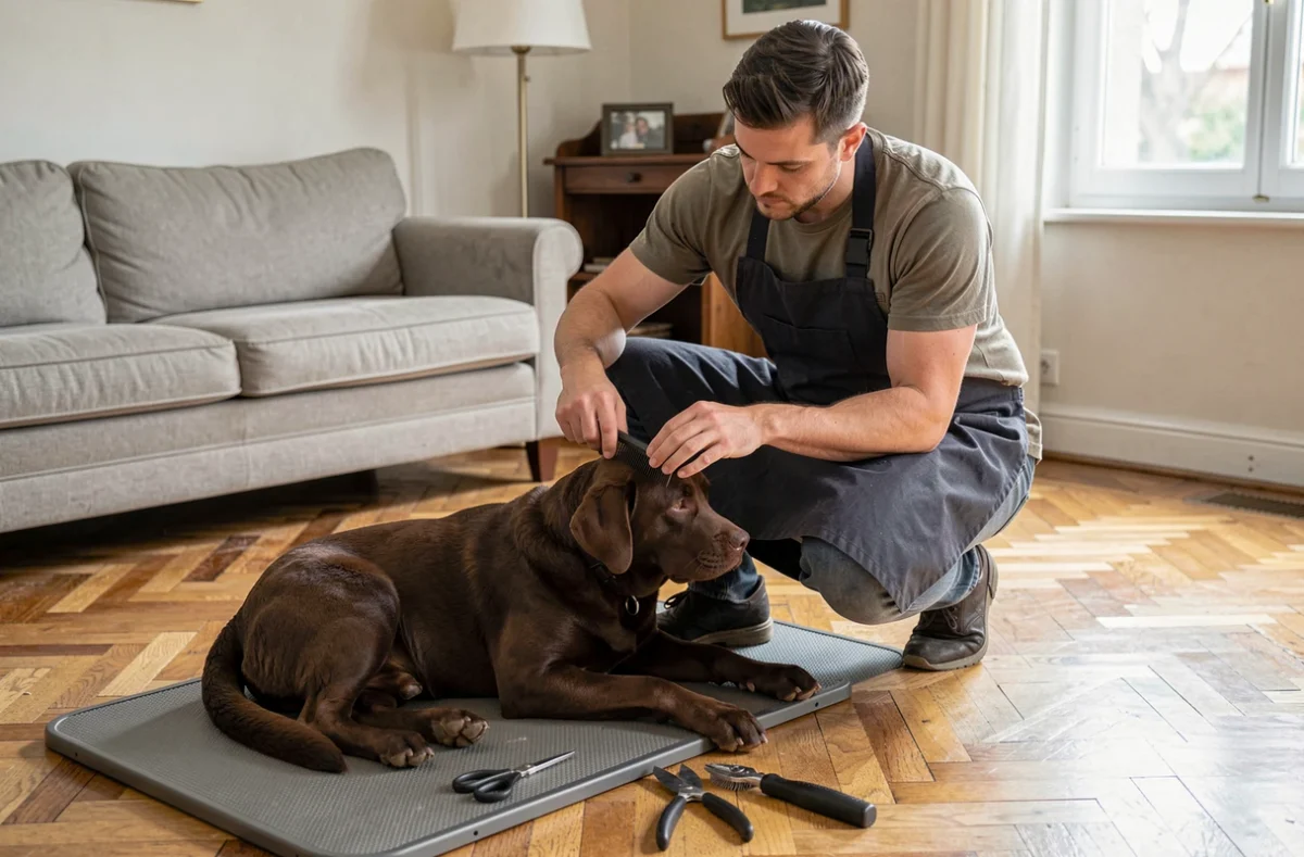 Cabot Toilettage, toiletteur canin à domicile coiffant un Labrador brun dans le salon d'un client