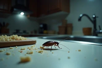 Cafard en gros plan sur un plan de travail de cuisine la nuit, avec détails de l'exosquelette et antennes visibles