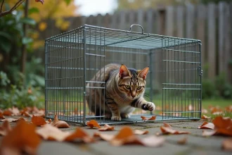 Cage attrape-chat sécurisée placée dans un jardin, avec un chat tigré qui renifle l'entrée de la trappe humaine sans stress