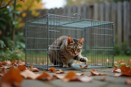 Cage attrape-chat sécurisée placée dans un jardin, avec un chat tigré qui renifle l'entrée de la trappe humaine sans stress