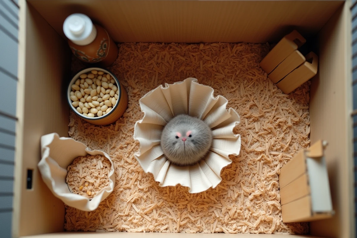 Vue de dessus d'une cage de hamster préparée pour la mise bas avec nid en papier et cachette en bois