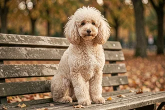 Caniche adulte à fourrure bouclée et épaisse assis sur un banc en bois en automne, race de chien qui perd peu de poils