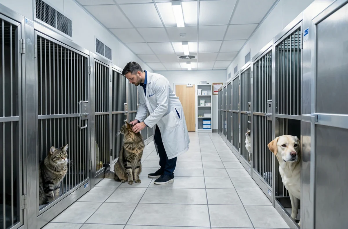 Couloir intérieur professionnel du Centre Canin et Félin Mas Dog à Mazères avec chien et chat dans leurs enclos
