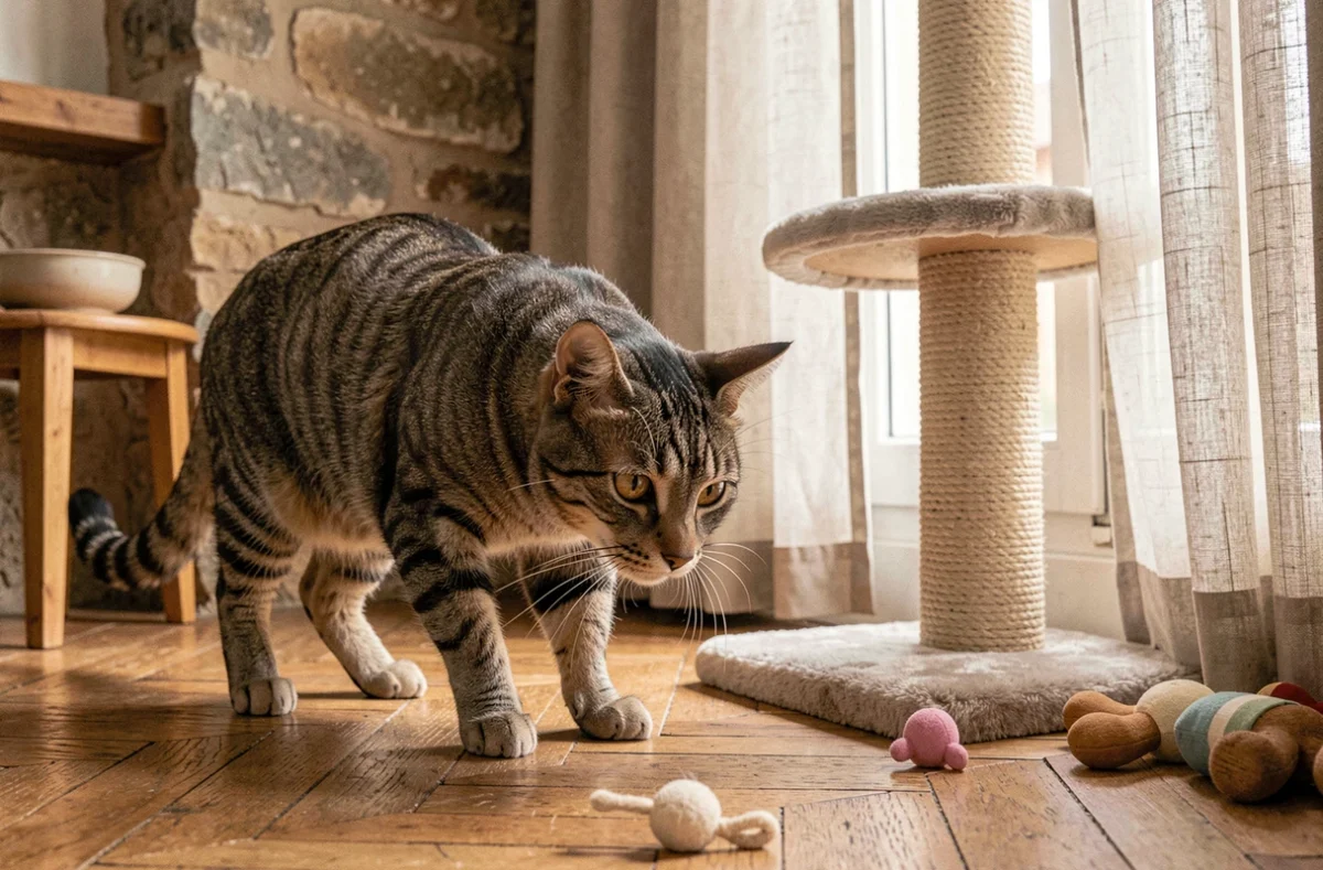 Chat tigré explorant pour la première fois son nouvel espace de vie après son adoption à Grenoble