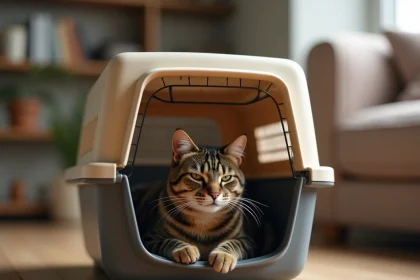 Chat tabby au repos dans une caisse de transport rigide en plastique beige et gris posée sur un parquet en bois
