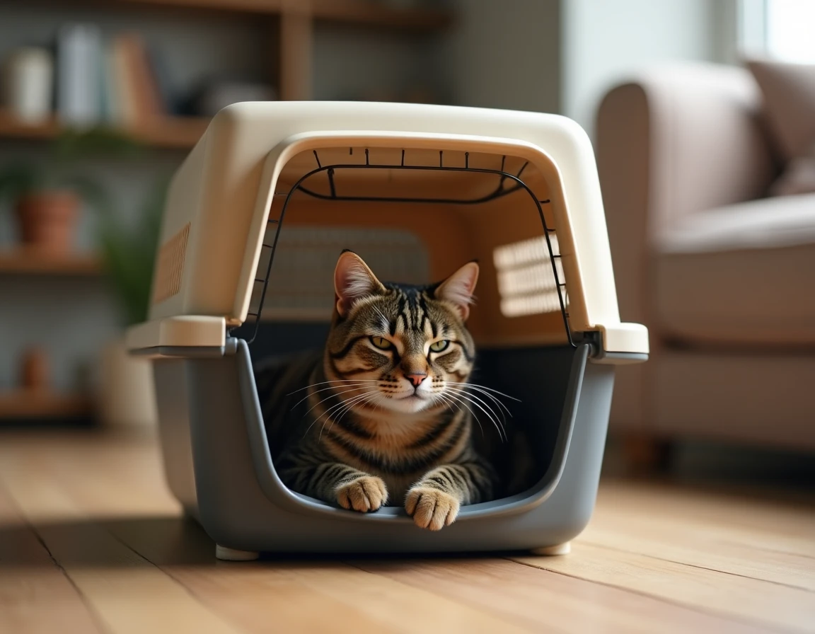 Chat tabby au repos dans une caisse de transport rigide en plastique beige et gris posée sur un parquet en bois