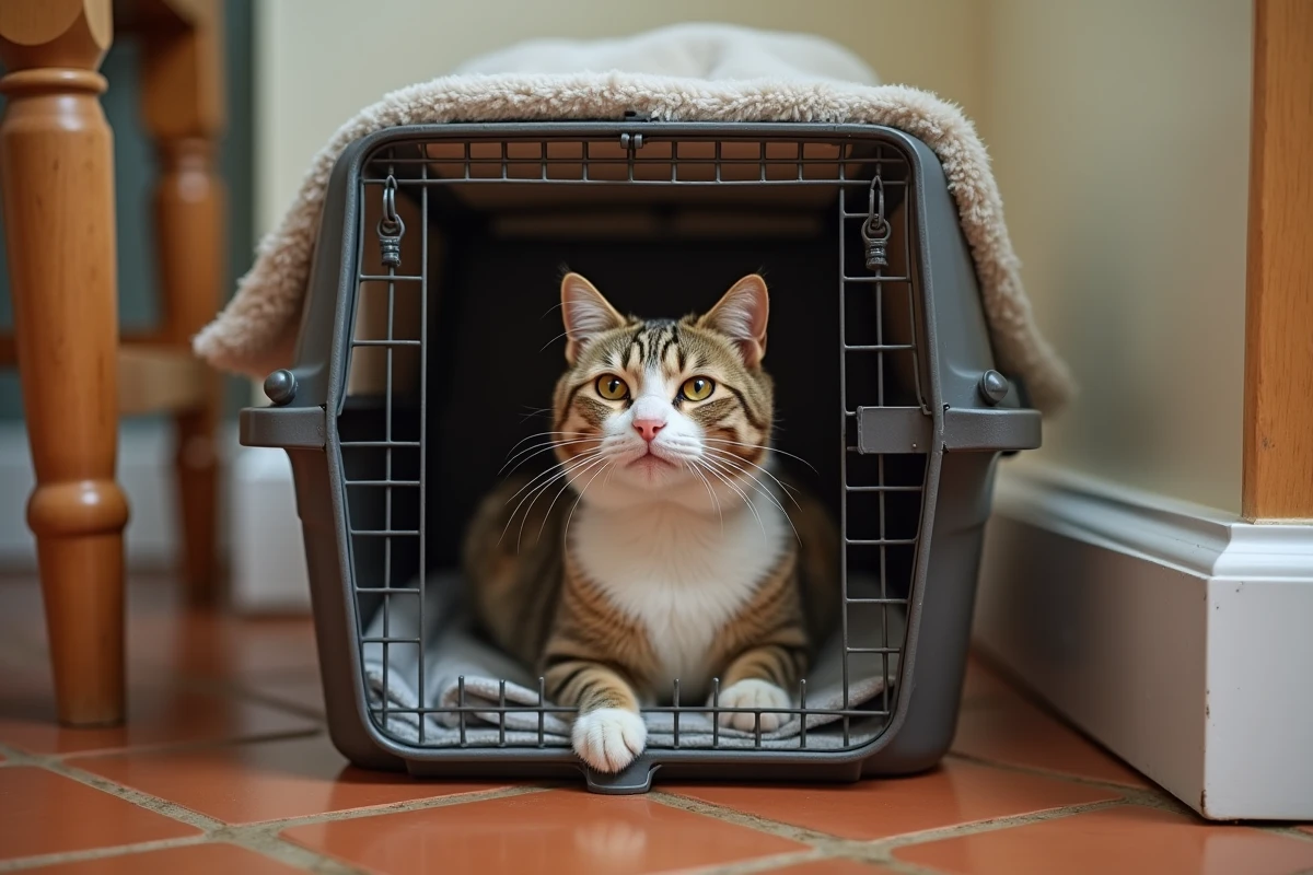 Chat domestique calme à l'intérieur d'une cage attrape-chat fermée, couvert d'une couverture pour le rassurer avant transport chez le vétérinaire