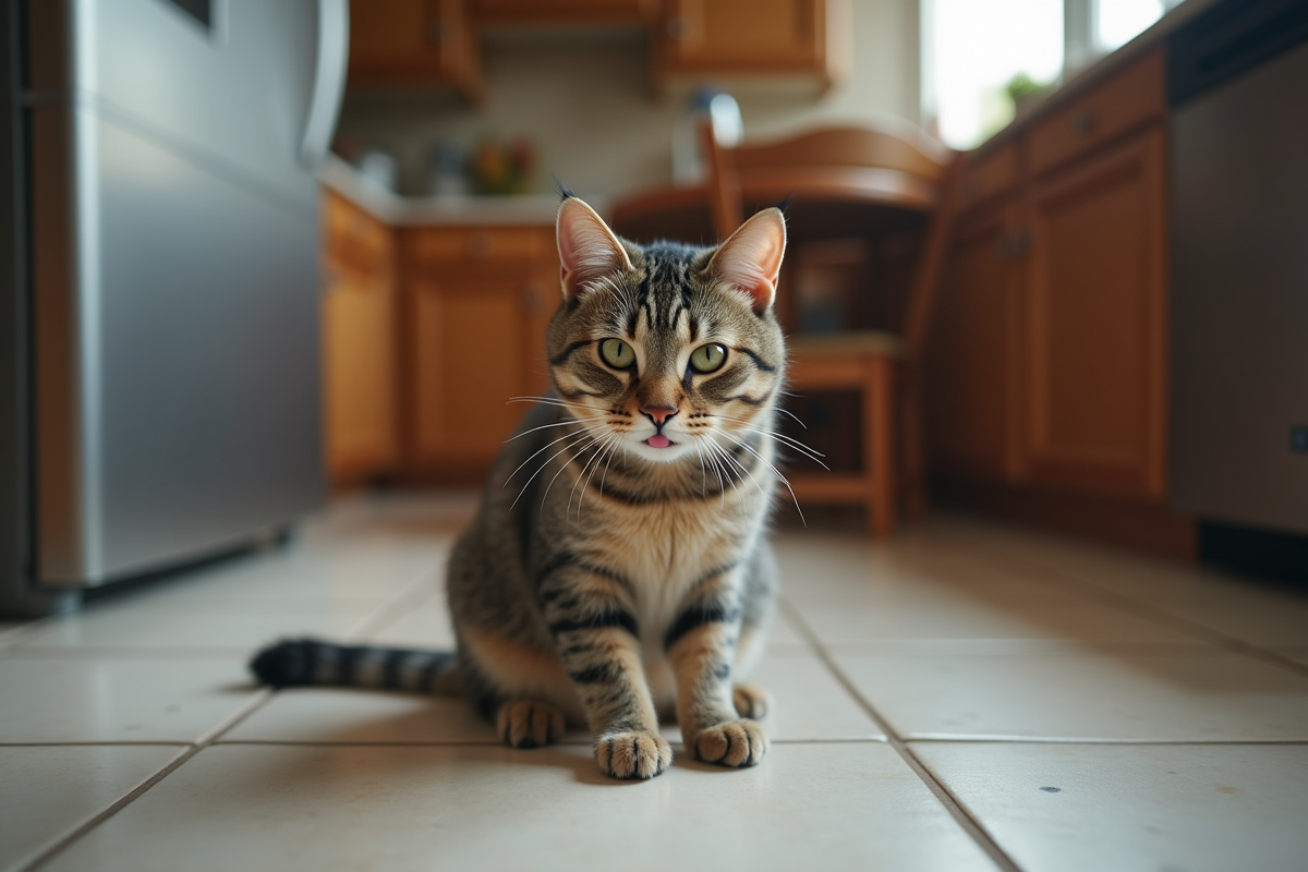 Chat domestique se toilettant sur le sol de la cuisine