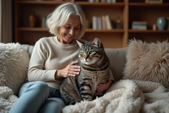Chat gris âgé avec sa propriétaire dans un salon chaleureux