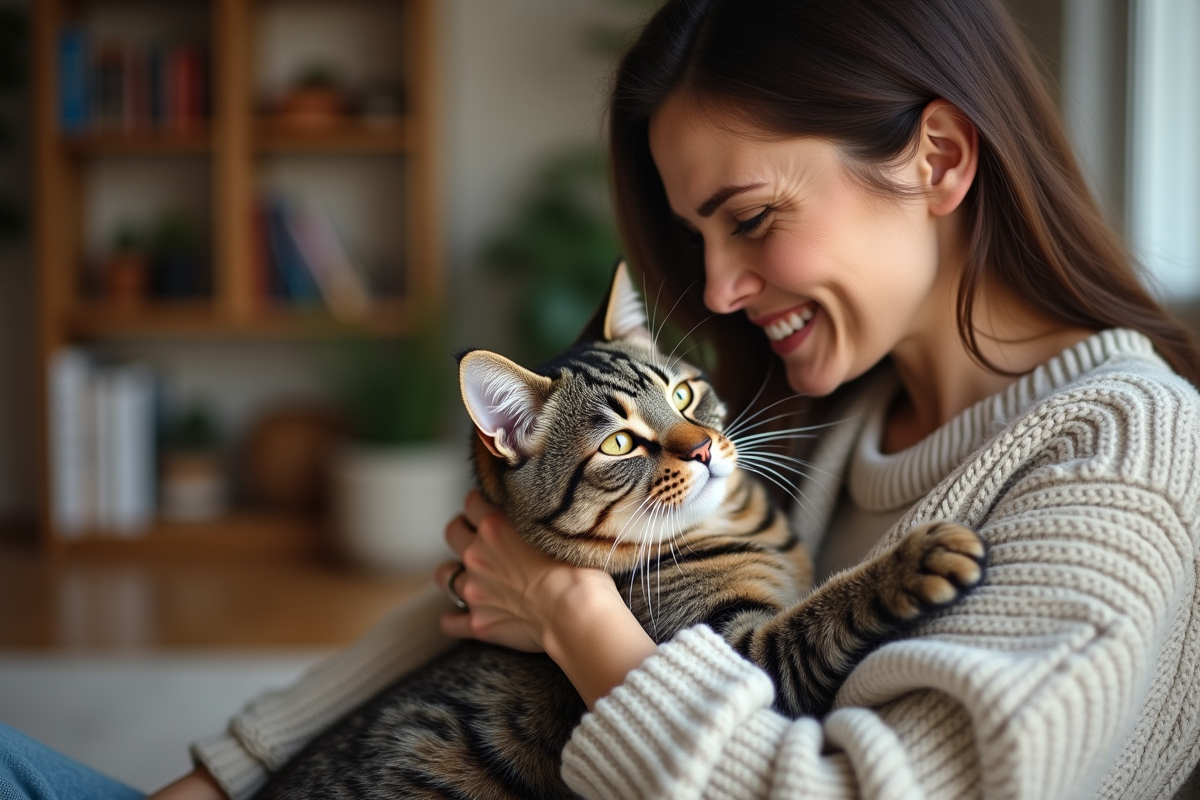 Chat tabby âgé avec femme souriante dans un salon chaleureux
