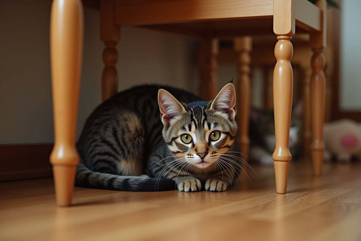 Jeune chatte domestique sous une table de cuisine