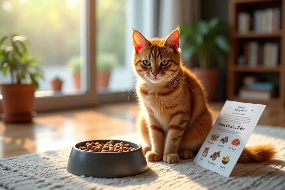 Chat roux attentif à sa gamelle de croquettes dans le salon