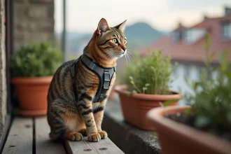 Chat tabby portant un harnais anti-évasion sécurisé assis sur le rebord d'un balcon en bois avec plantes et vue urbaine