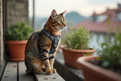 Chat tabby portant un harnais anti-évasion sécurisé assis sur le rebord d'un balcon en bois avec plantes et vue urbaine