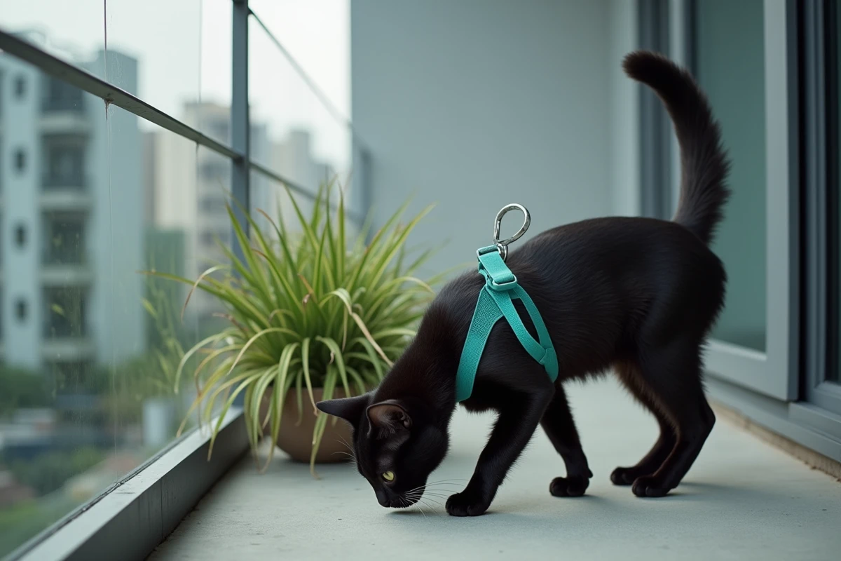 Chat noir explorant un balcon moderne en béton équipé d'un harnais anti-évasion turquoise avec rambarde en fer