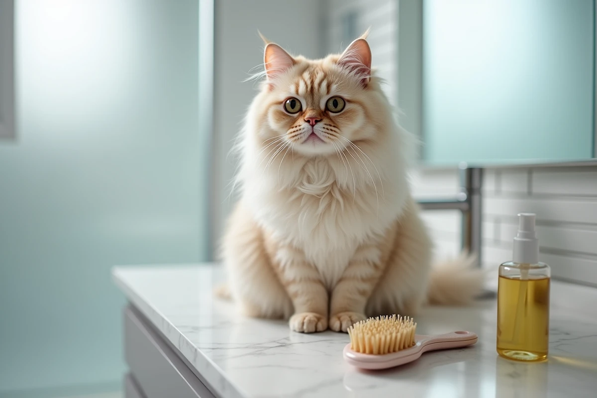 Chat persan au pelage emmêlé sur un comptoir de salle de bain avec brosse et spray démêlant