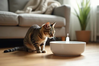 Chat peureux qui s'approche prudemment d'une fontaine à eau en céramique posée sur un parquet en bois clair dans un salon cosy
