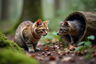 Chat domestique curieux face à un martre dans la forêt