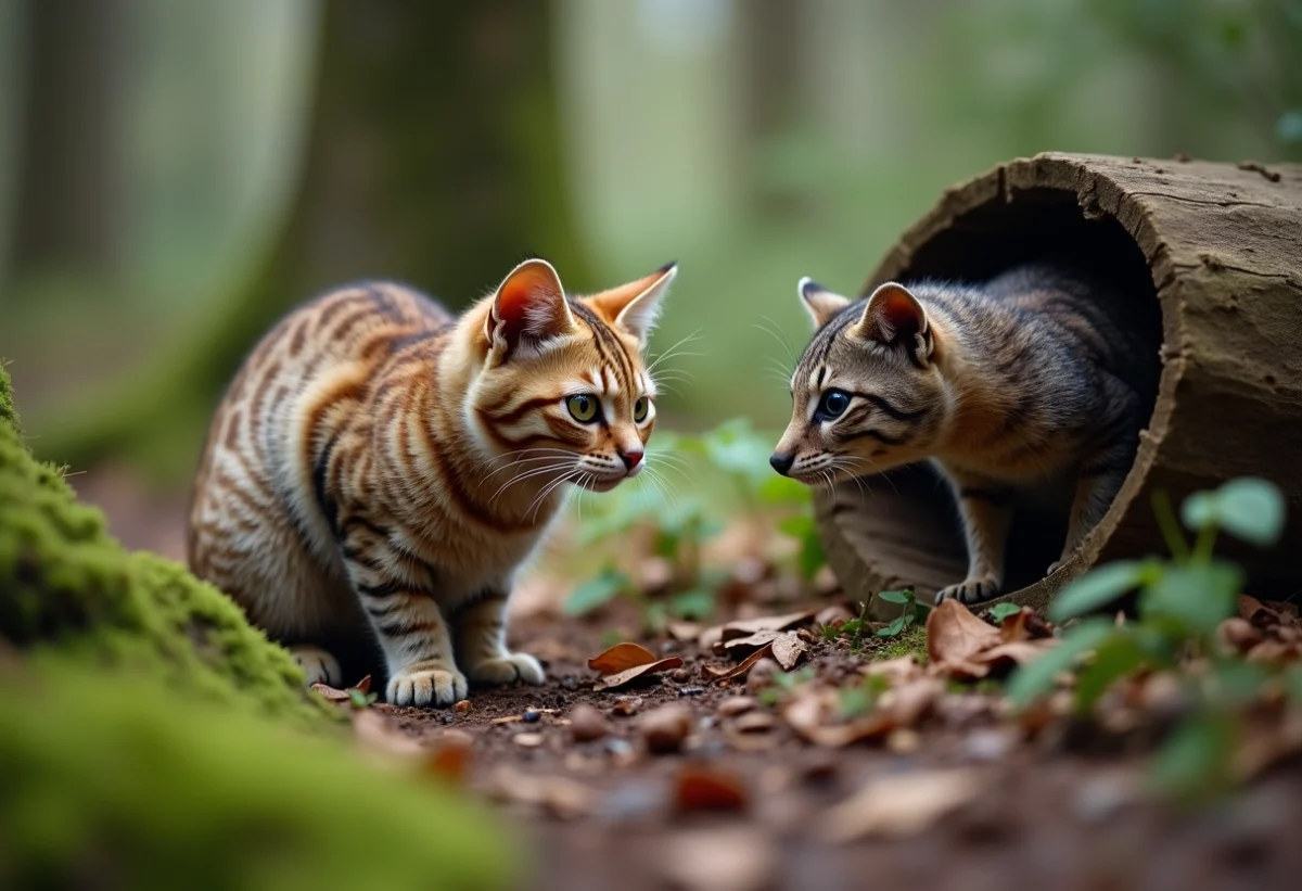 Chat domestique curieux face à un martre dans la forêt